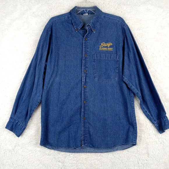 Vintage Sturgis 2001 Mens Shirt Button Down Denim Blue Embroidered Pockets Large - Picture 1 of 12